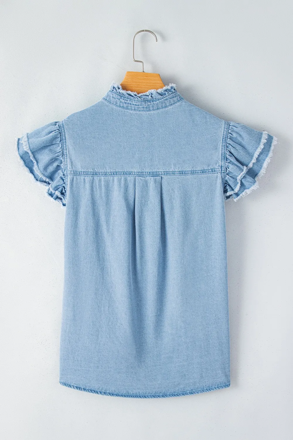Button Down Raw Hem Ruffled Denim Shirt, image 13