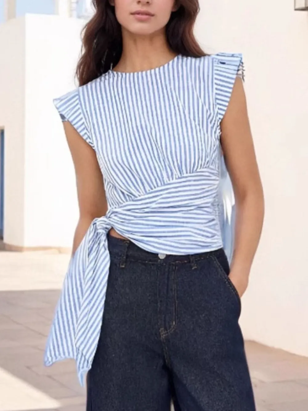 Striped Tied Cap Sleeve Blouse, image 3