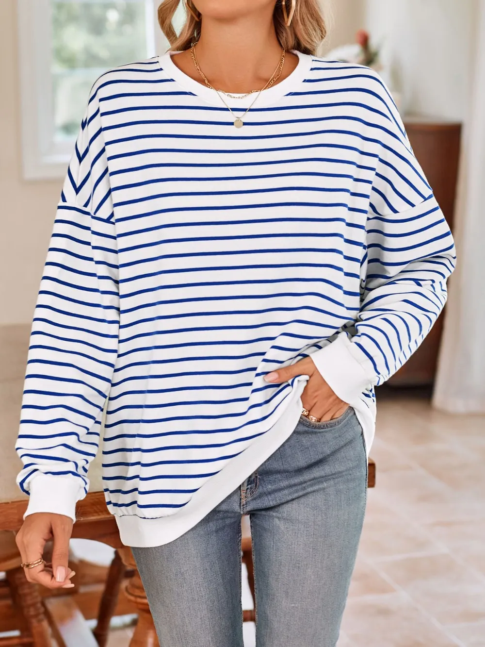 Striped Round Neck Long Sleeve Sweatshirt, image 8