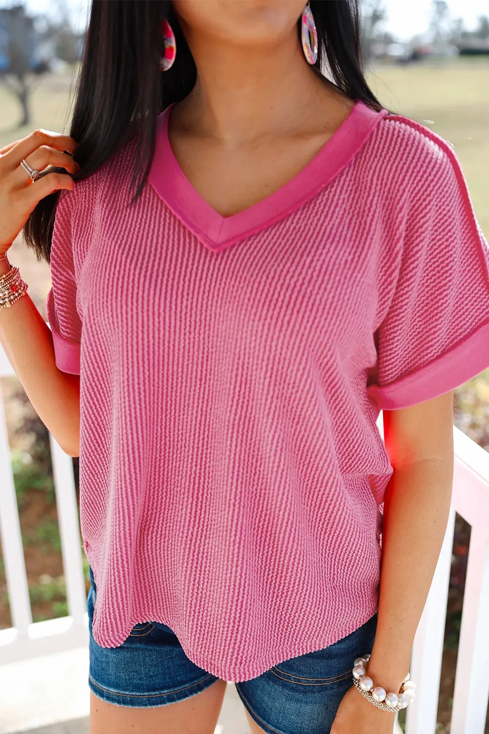 Solid V-Neck Short Sleeve T-Shirt, image 4