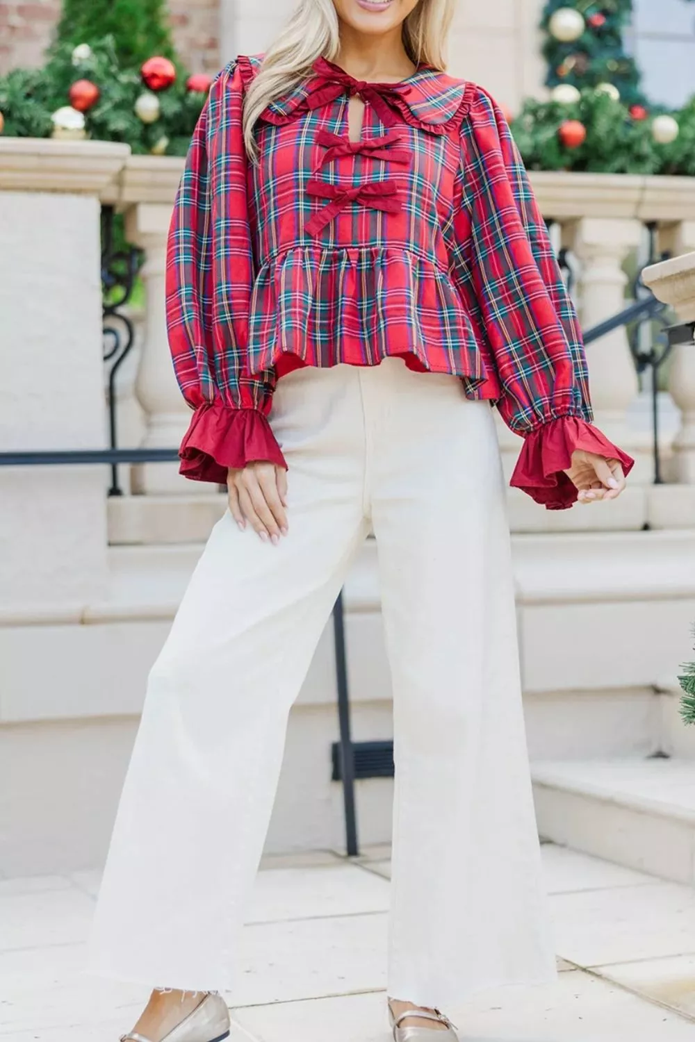 Plaid Tie Neck Ruffle Cuffs Long Sleeve Shift Blouse, image 3
