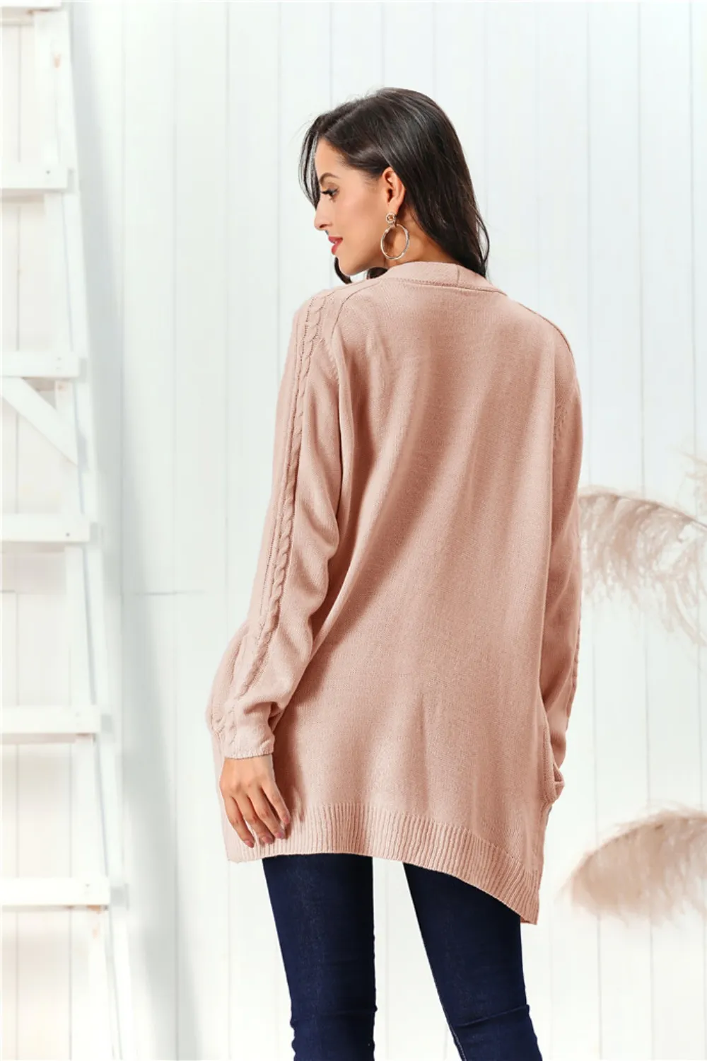 Cable-Knit Open Front Long Sleeve Cardigan, image 4