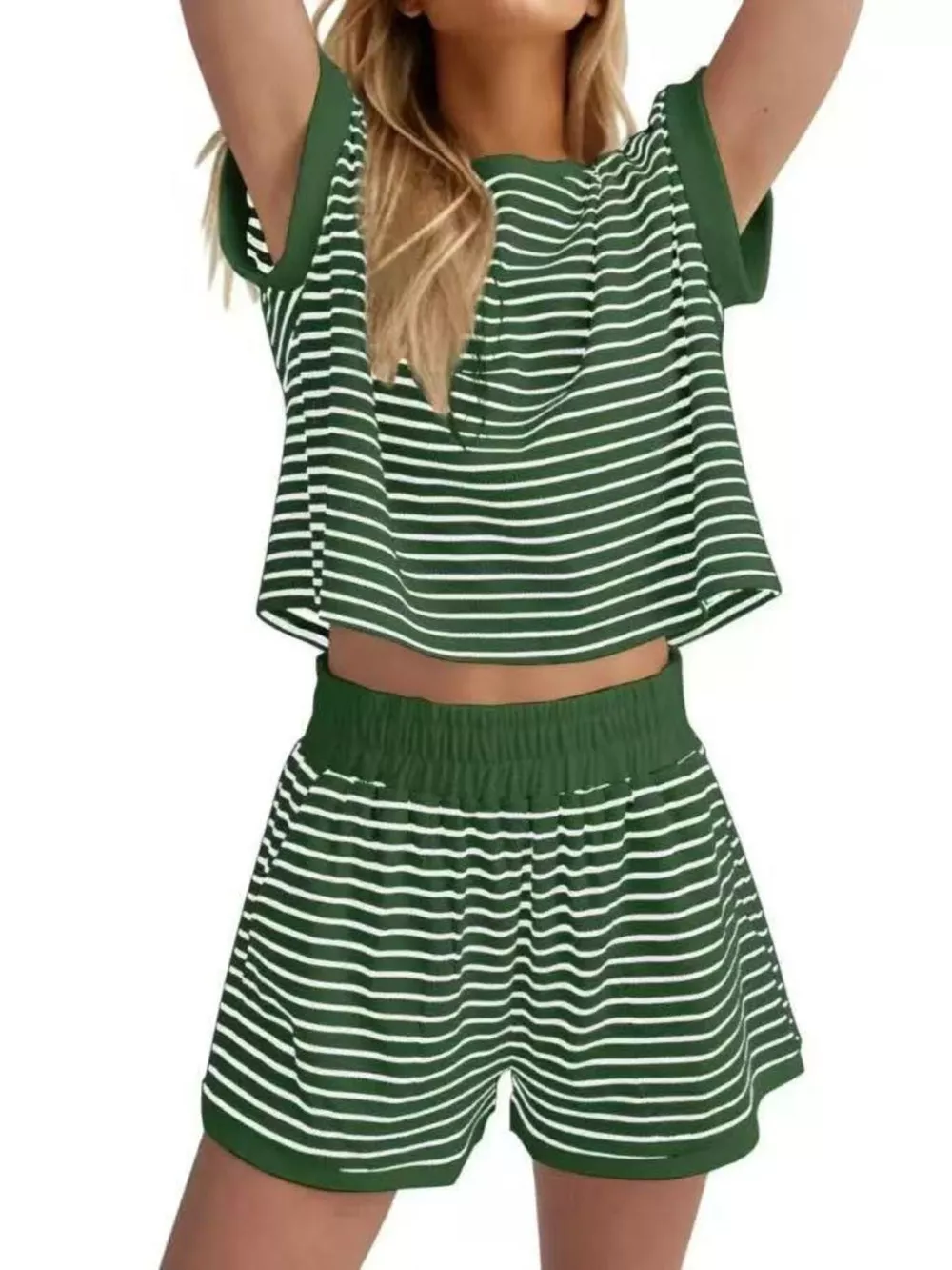 Full Size Striped Round Neck Top and Shorts Set Plus Size, image 15
