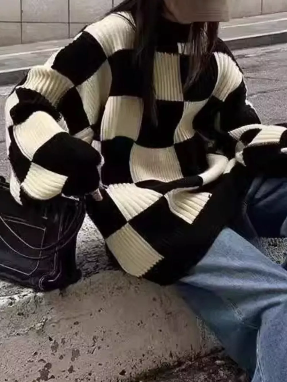 Checkerboard Pattern Oversized Sweater, image 4
