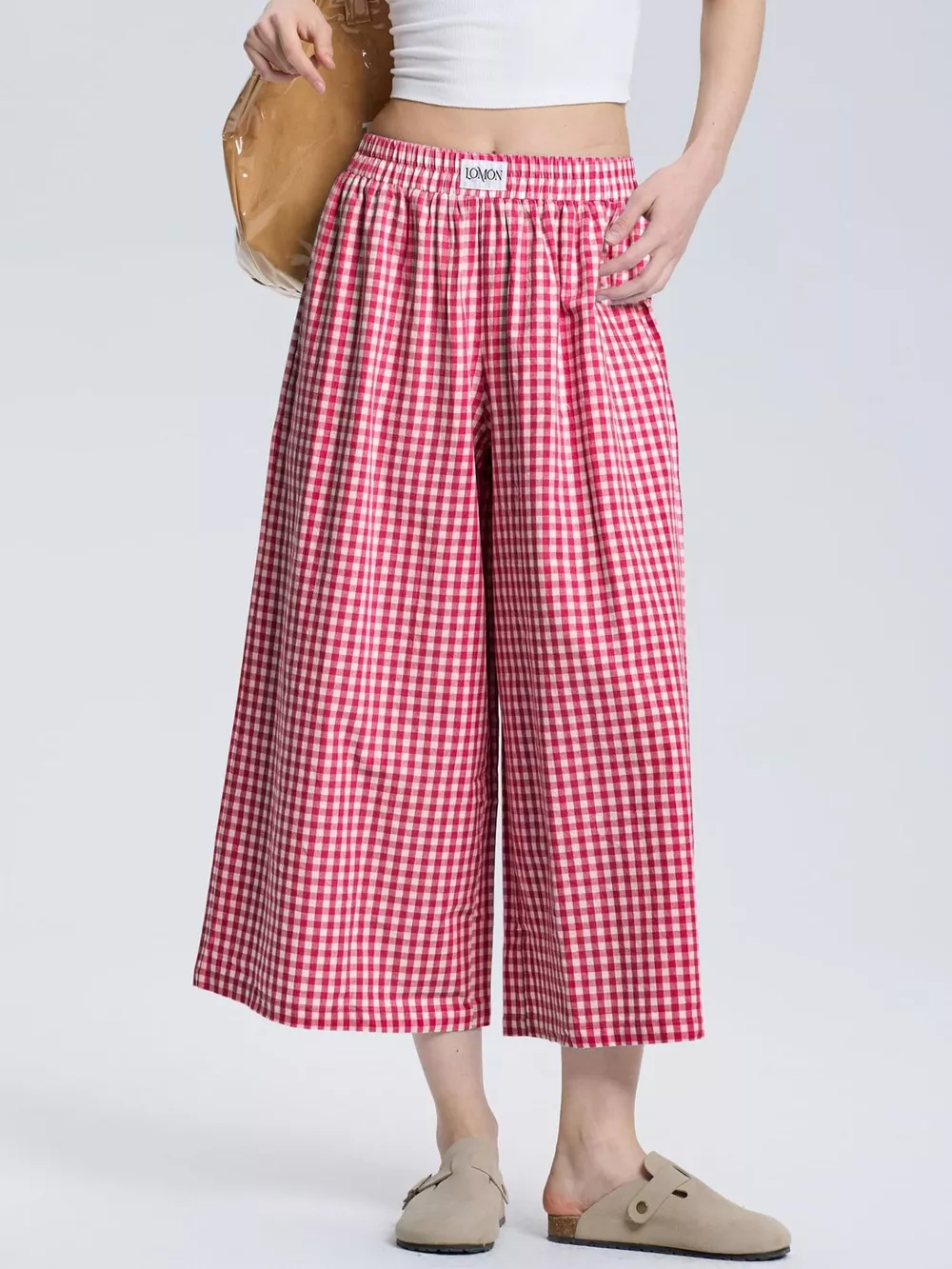 Gingham Wide-Leg Cropped Pants, image 2
