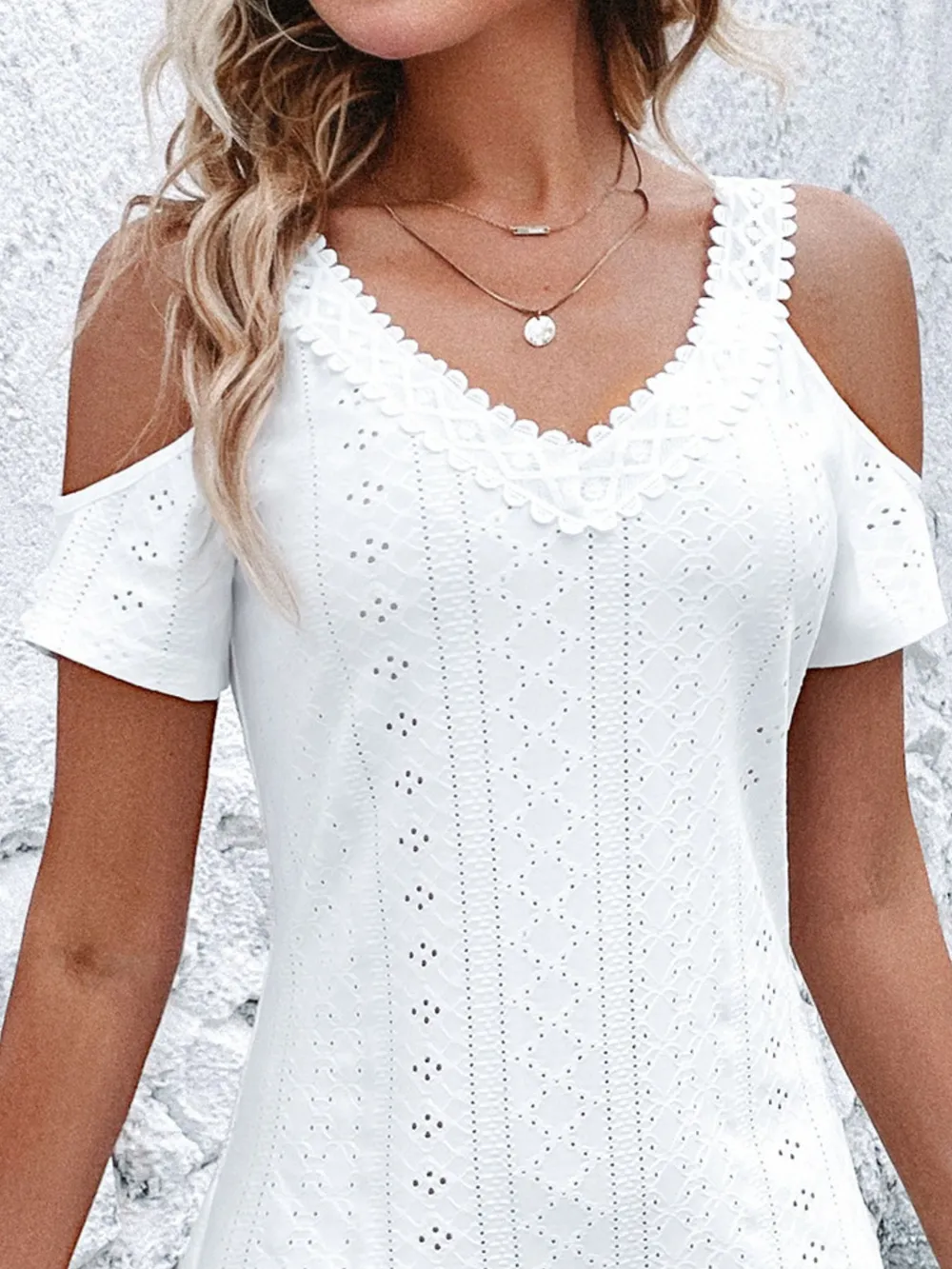 Cold Shoulder Short Sleeve Eyelet Mini Dress, image 4