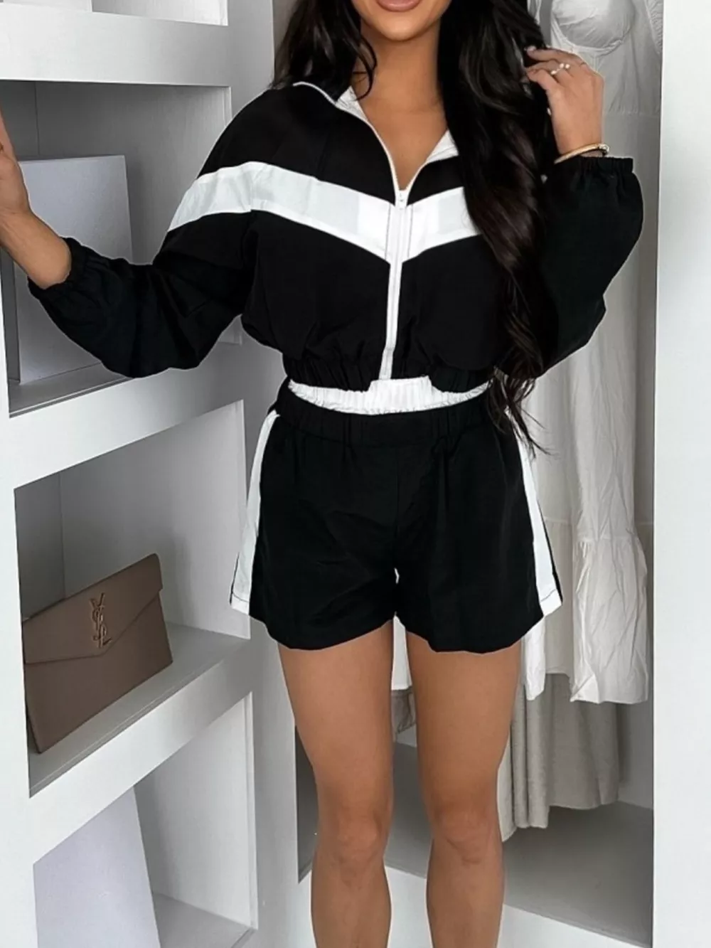 Color Block Zip-Up Jacket and Shorts Two-Piece Set, image 3