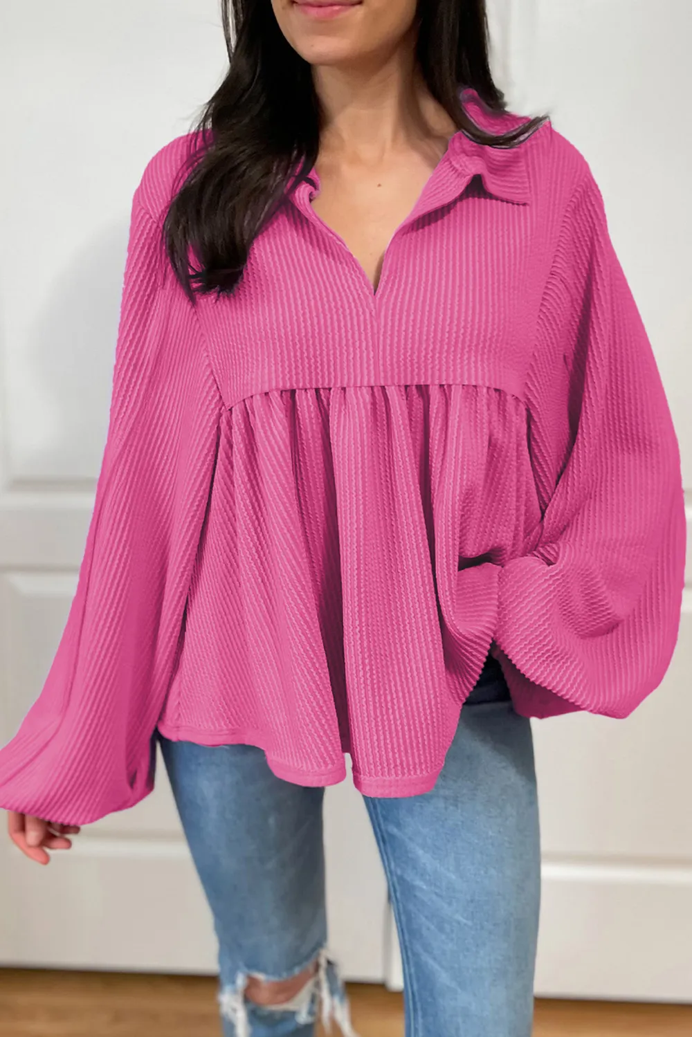 Corded Johnny Collar Long Sleeve Babydoll Blouse, image 19