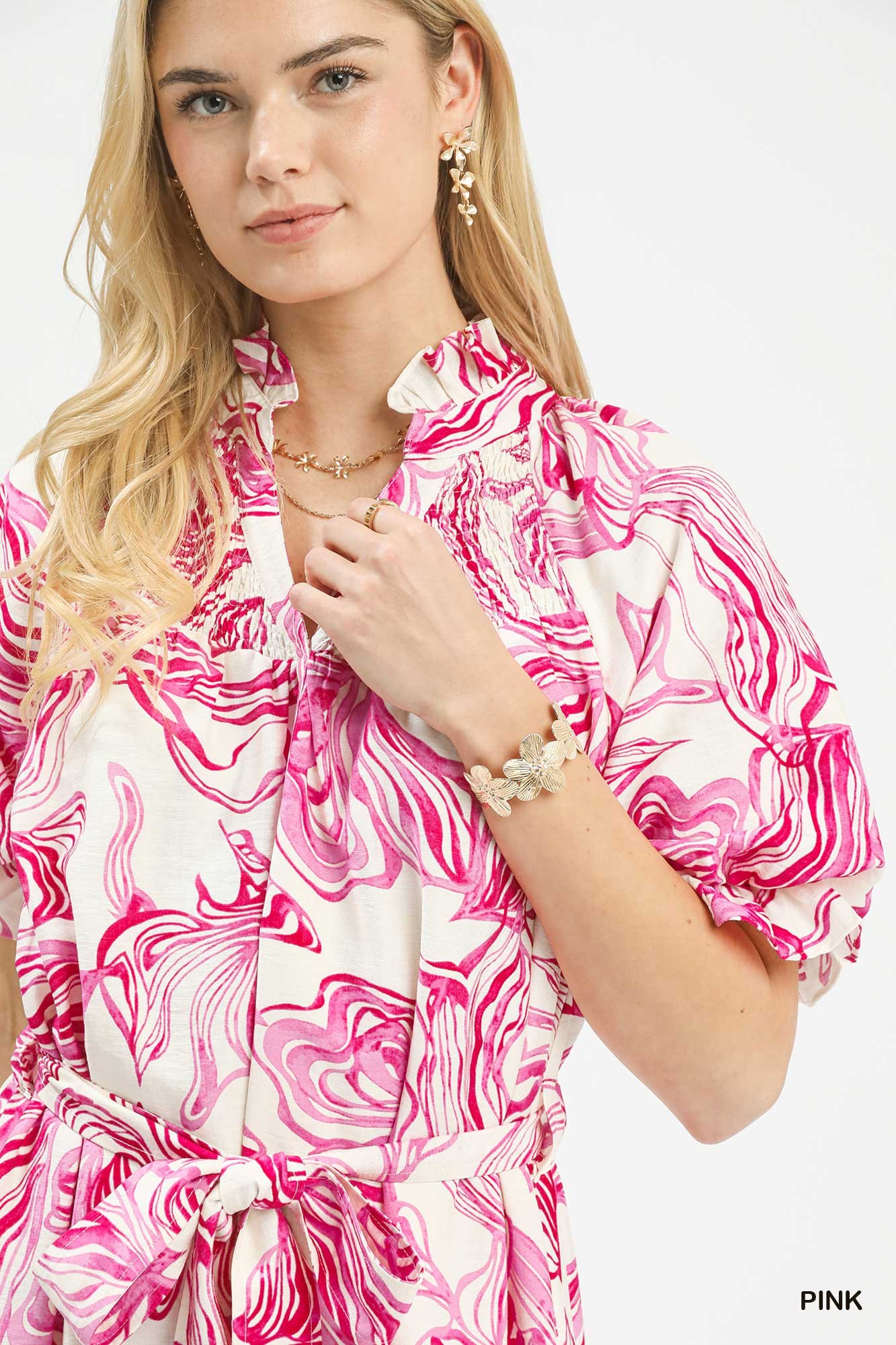 Abstract Print Smocked Tie Waist Midi Dress, image 4