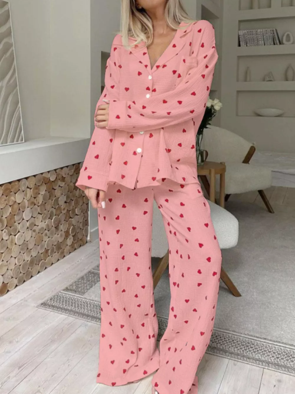 Heart Print Button Up Top and Pants Lounge Set, image 5