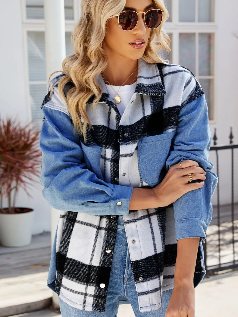 Pocketed Plaid Snap Down Denim Jacket, image 5