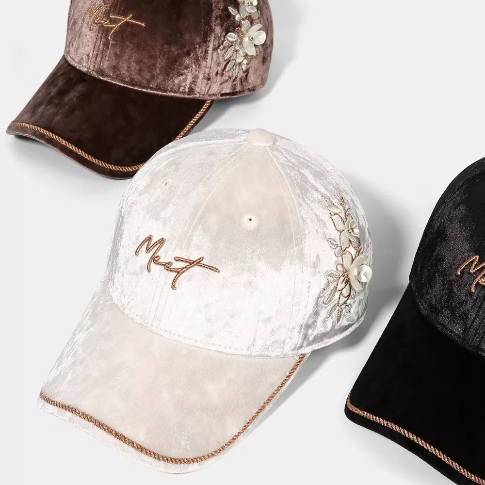Velvet Baseball Cap with Floral Embellishments, image 4