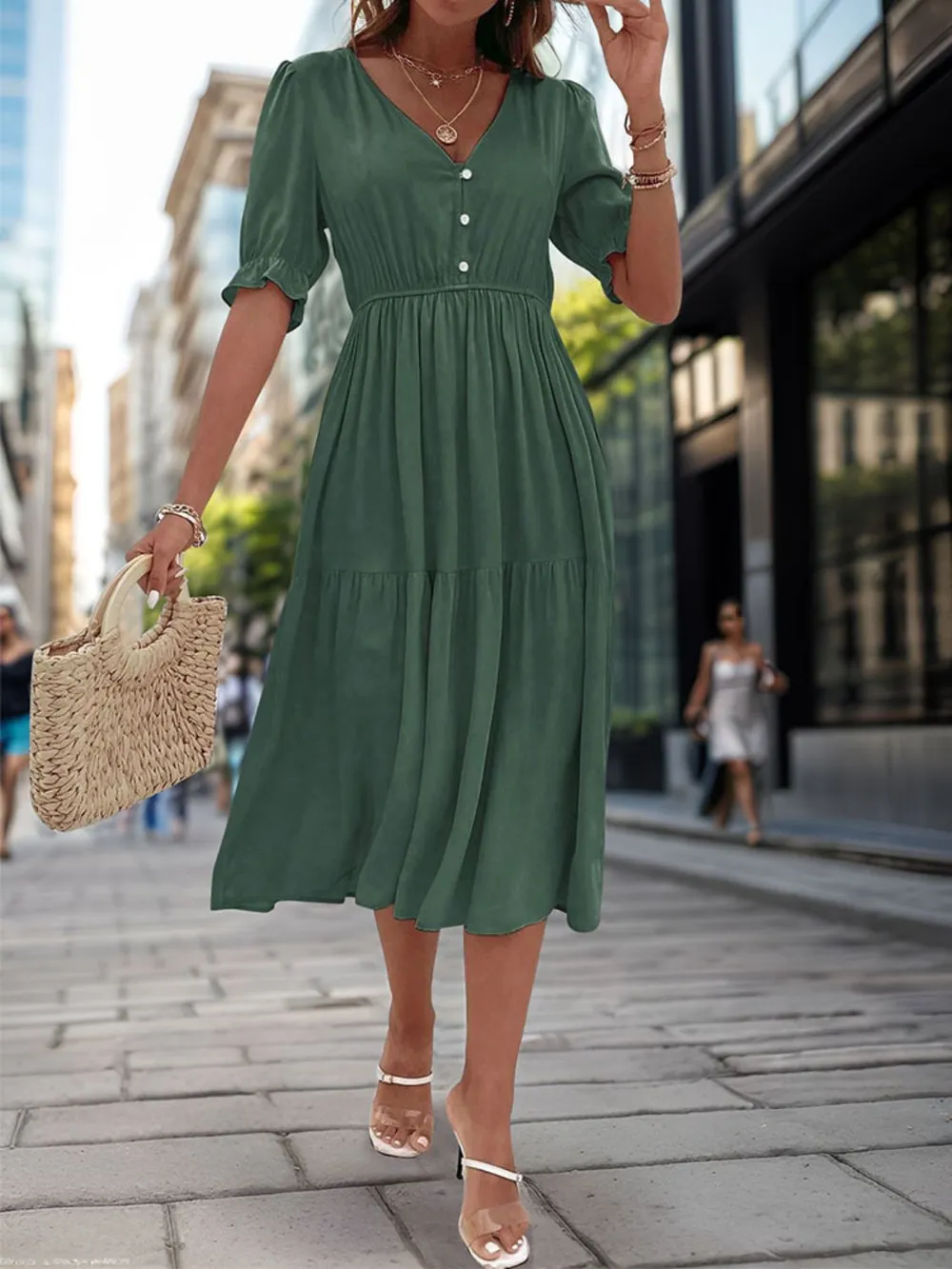 Ruched V-Neck Half Sleeve Midi Dress, image 12