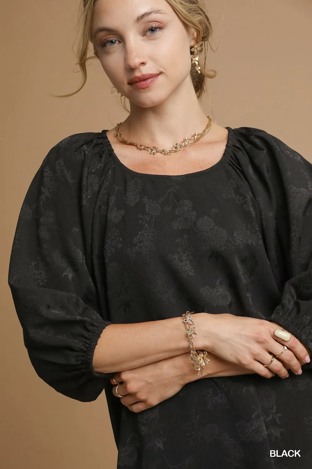 Satin Jacquard Balloon Sleeve Blouse, image 5