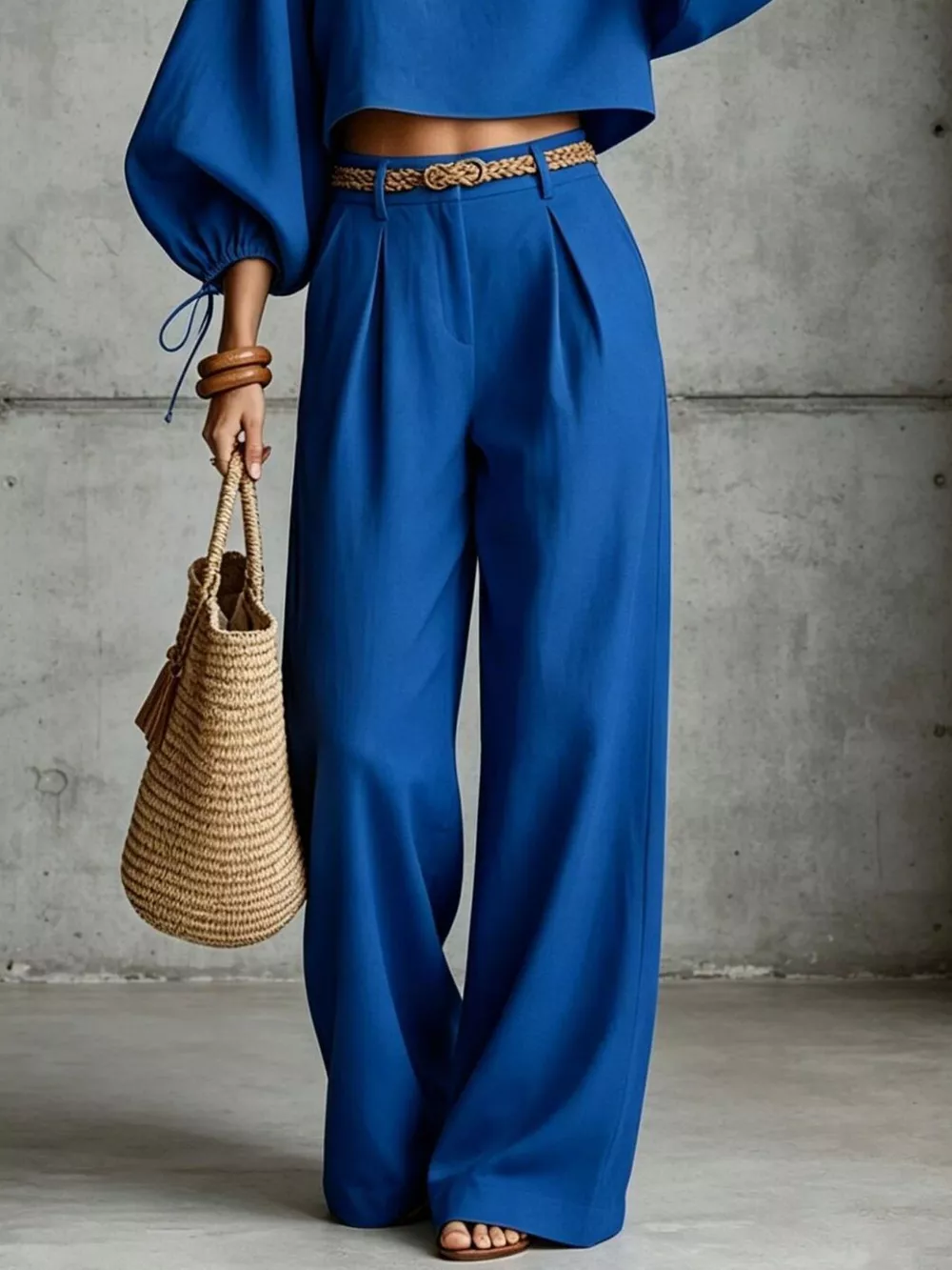 Balloon Sleeve Crop Top and Wide-Leg Pants Set, image 9