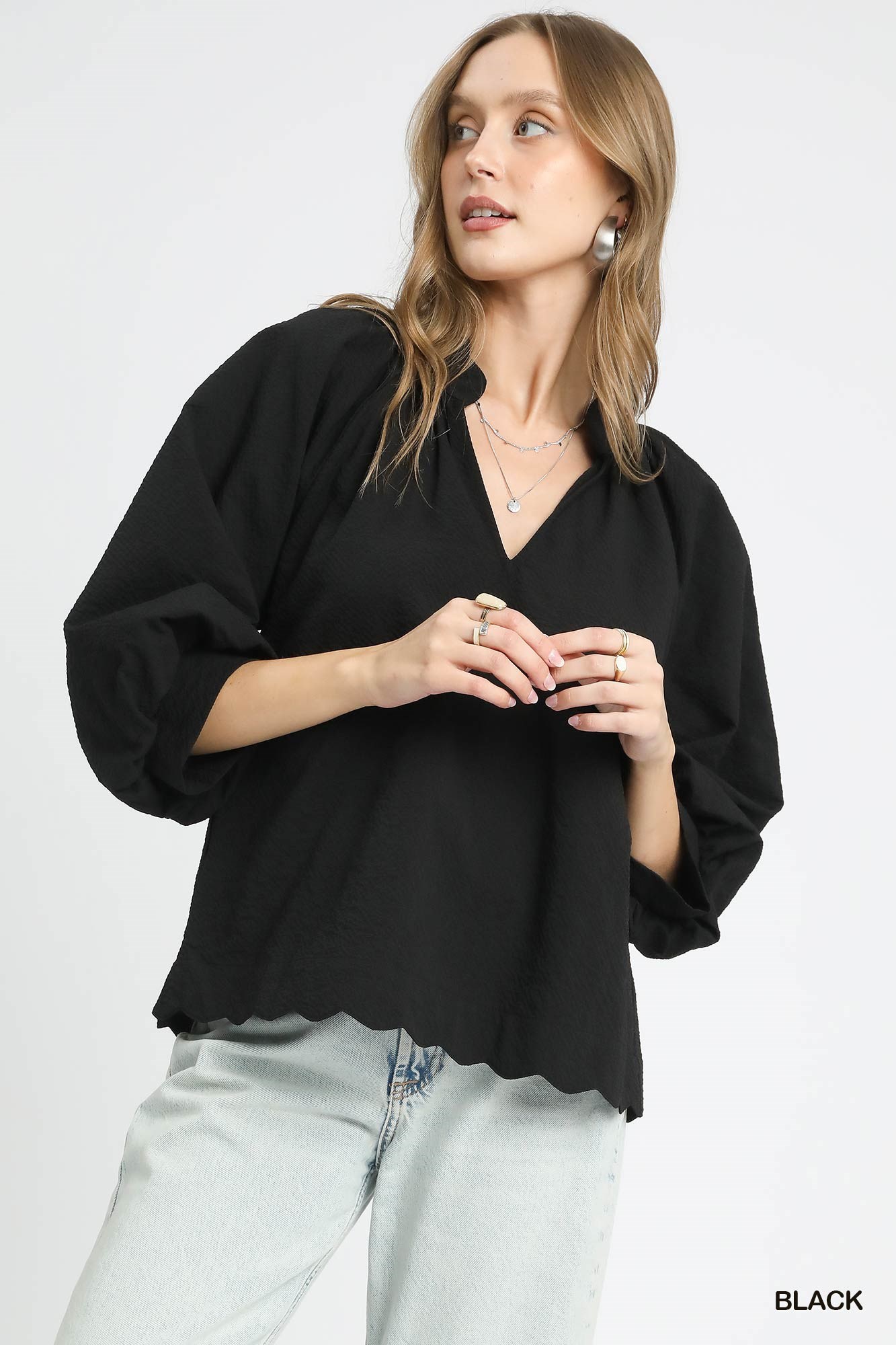 Full Size Textured Notched Balloon Sleeve Blouse Plus Size