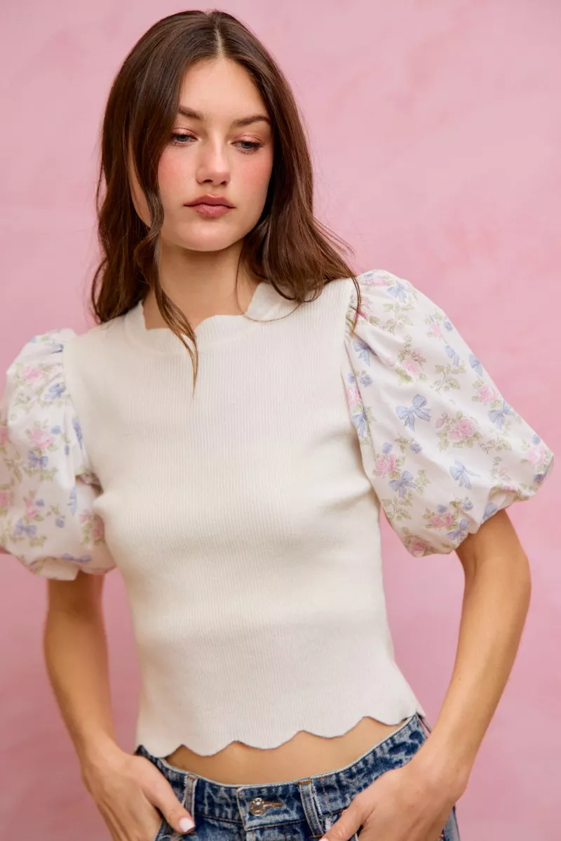 Floral Cotton Contrast Sleeves Scallop Sweater Top, image 18