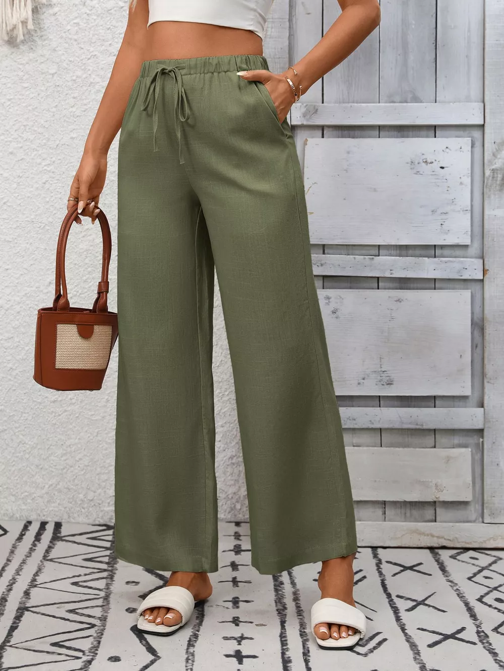 Drawstring High Waist Wide Leg Pants, image 9