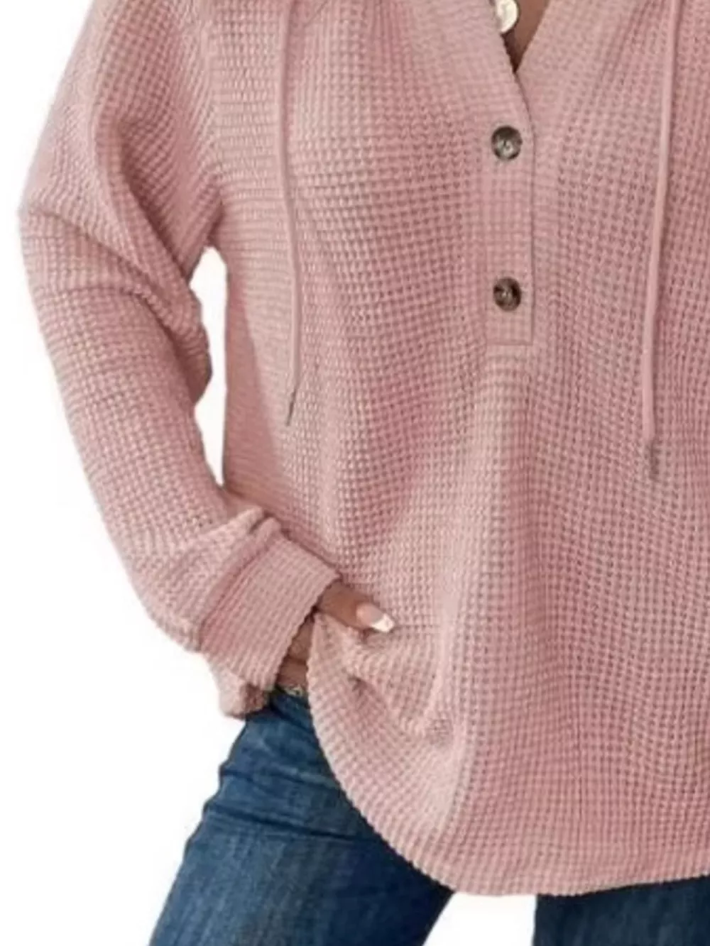 Full Size Button Detail Waffle Knit Hoodie Plus Size, image 20
