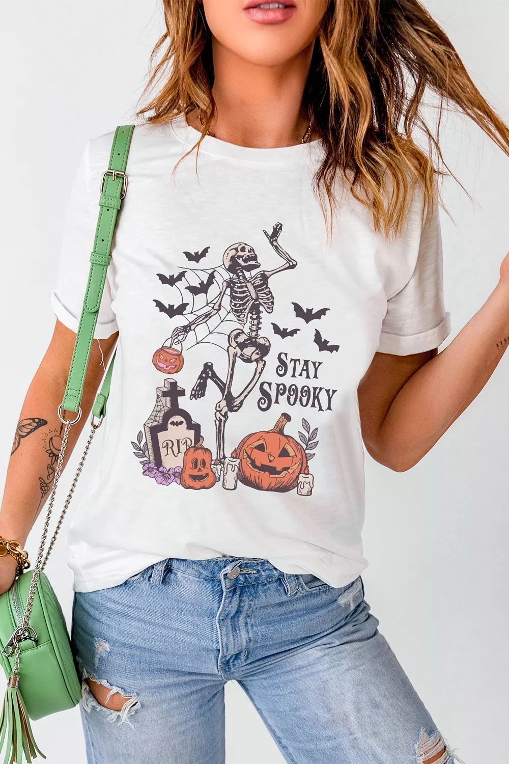 Full Size Skull Pumpkin Face STAY SPOOKY Graphic Halloween T Shirt Plus Size, image 2