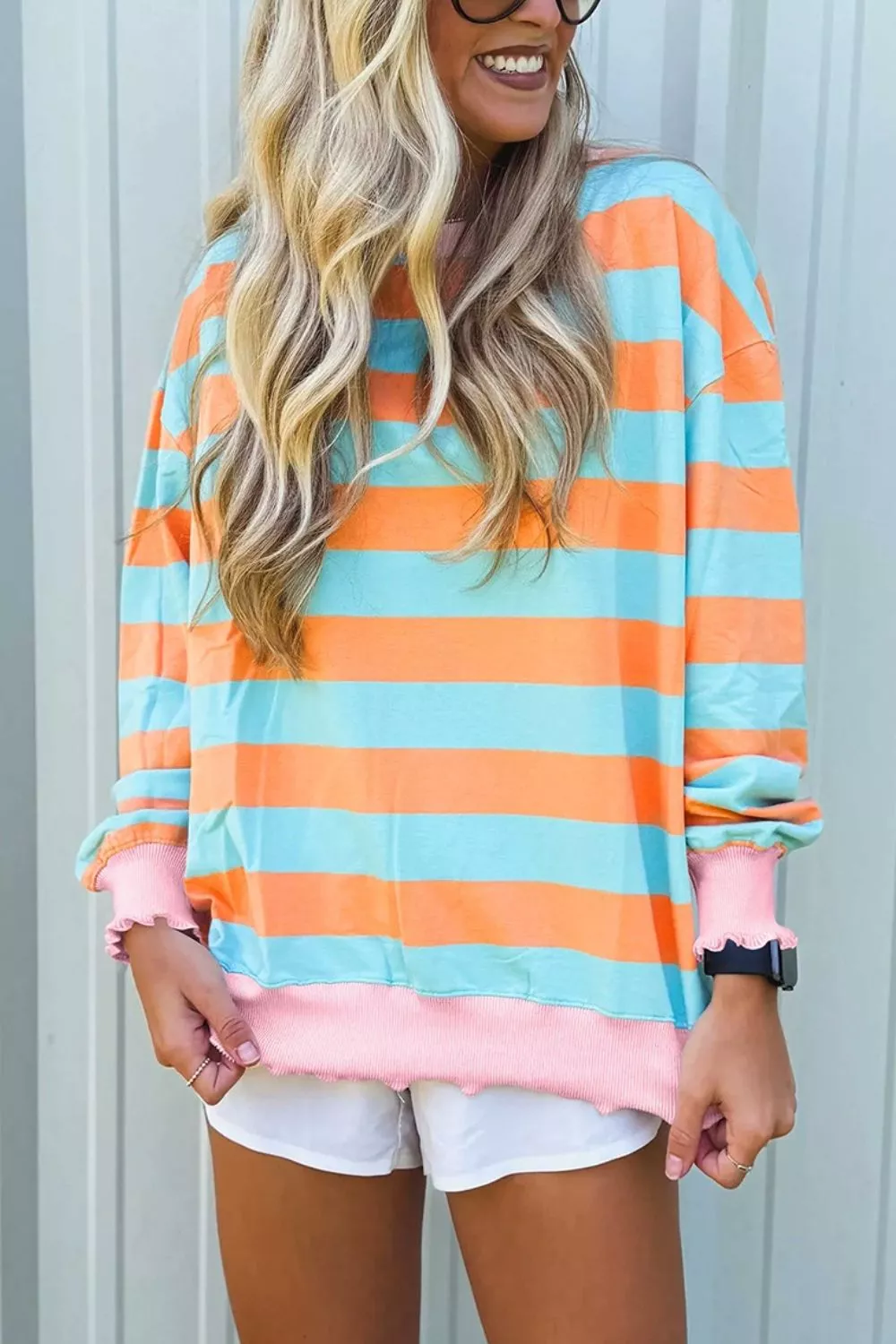 Striped Long Sleeve Top with Lettuce-Edge Cuffs