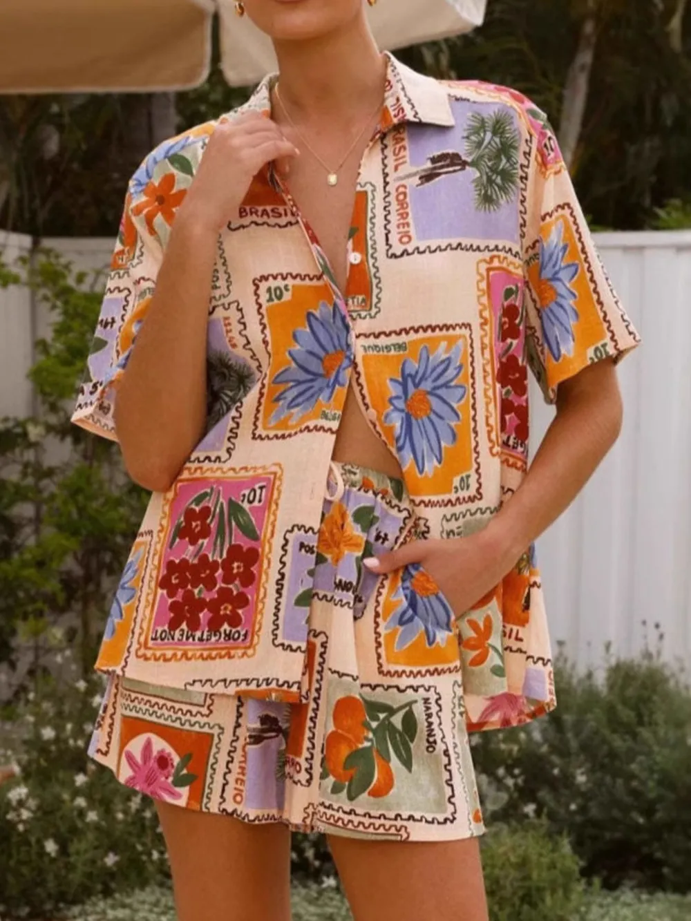 Printed Button Up Shirt and Shorts Set