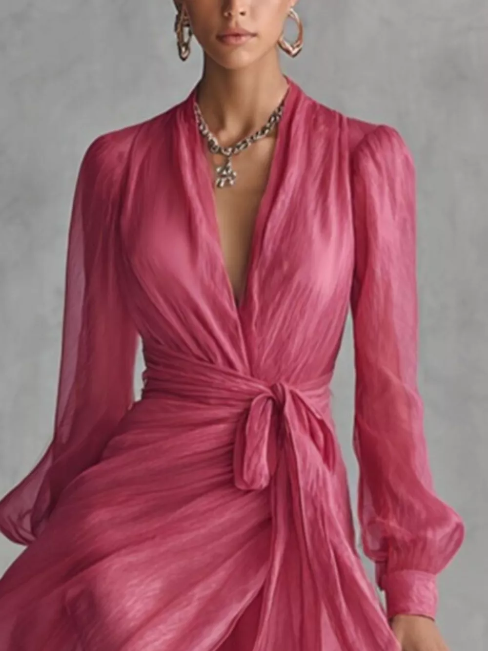 Long Sleeve Chiffon Wrap Maxi Dress with High Slit, image 2