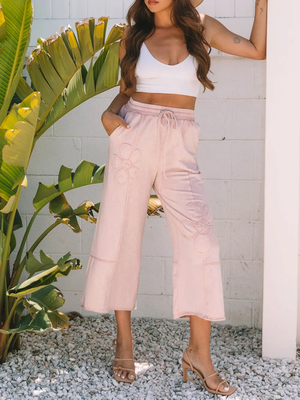 Floral Wide Leg Crop Pants with Drawstring Waistband, image 5