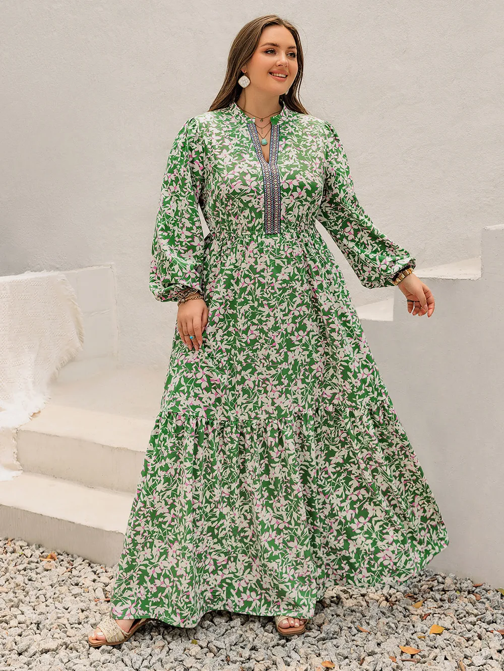 Plus Size Printed Notched Long Sleeve Maxi Dress, image 9
