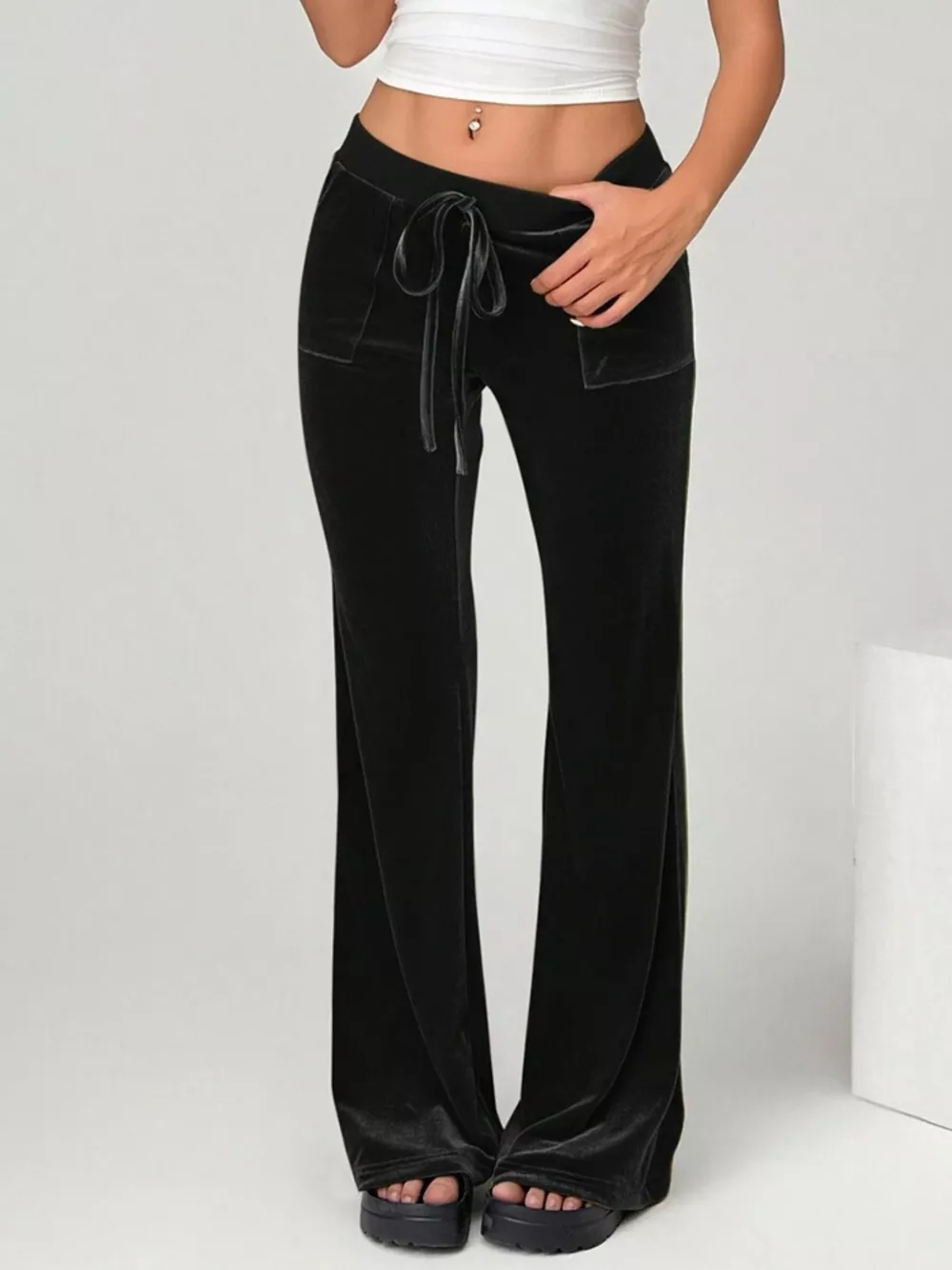 Velvet Flare Pants with Drawstring, image 8