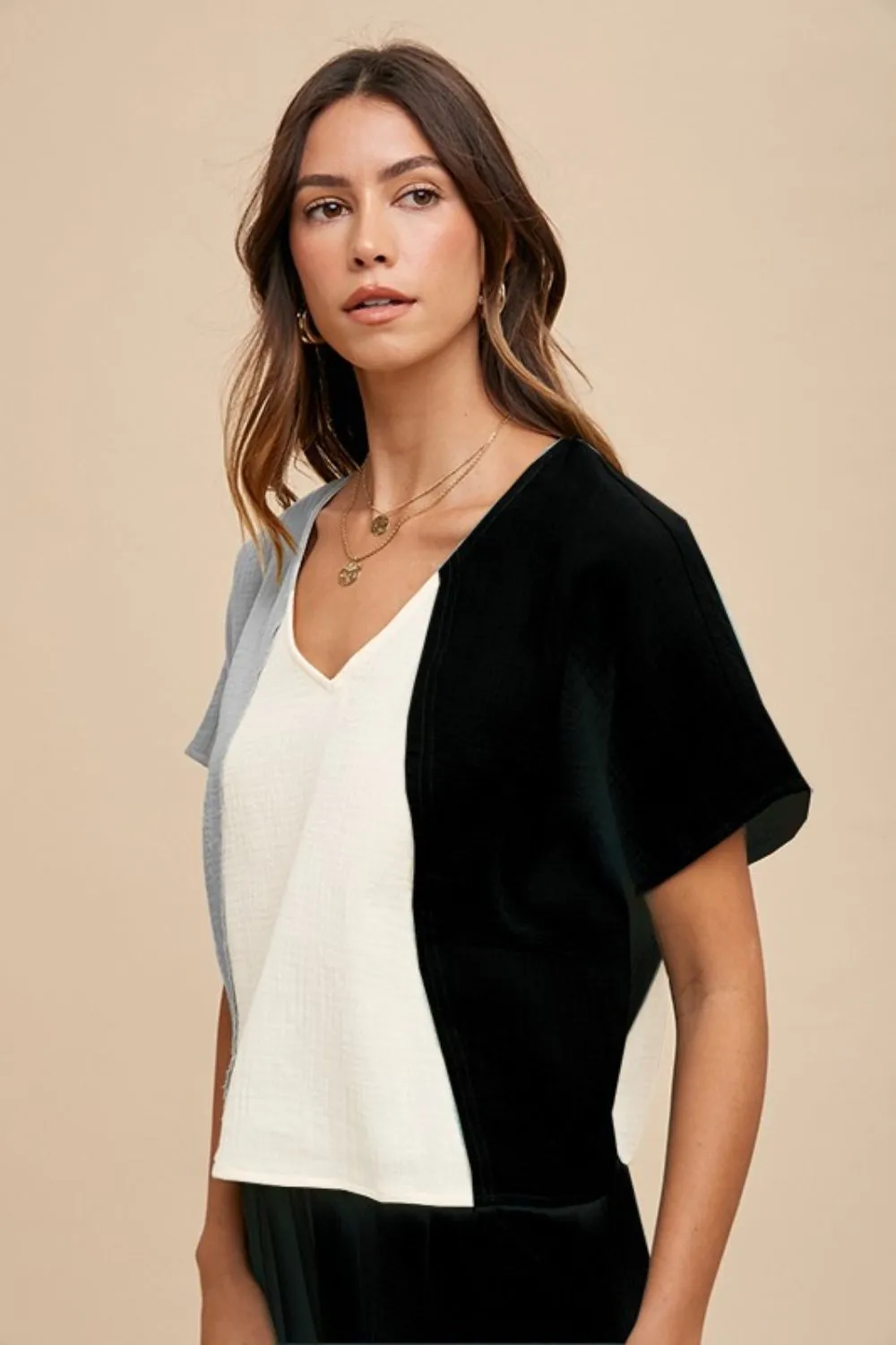 Color Block Cotton Gauze V-Neck Top