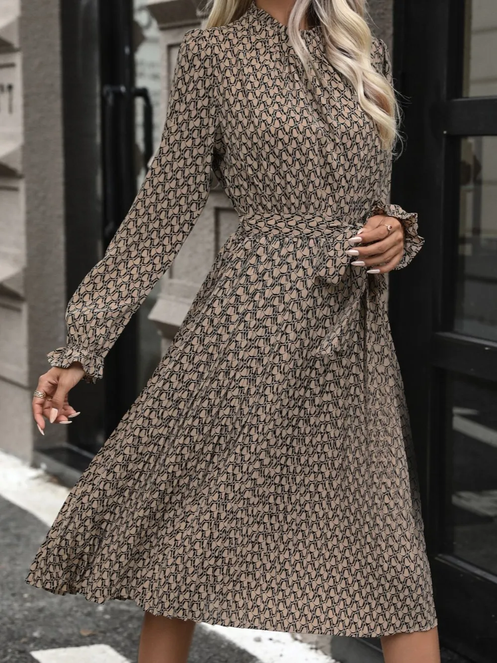 Printed Mock Neck Flounce Sleeve Dress, image 3
