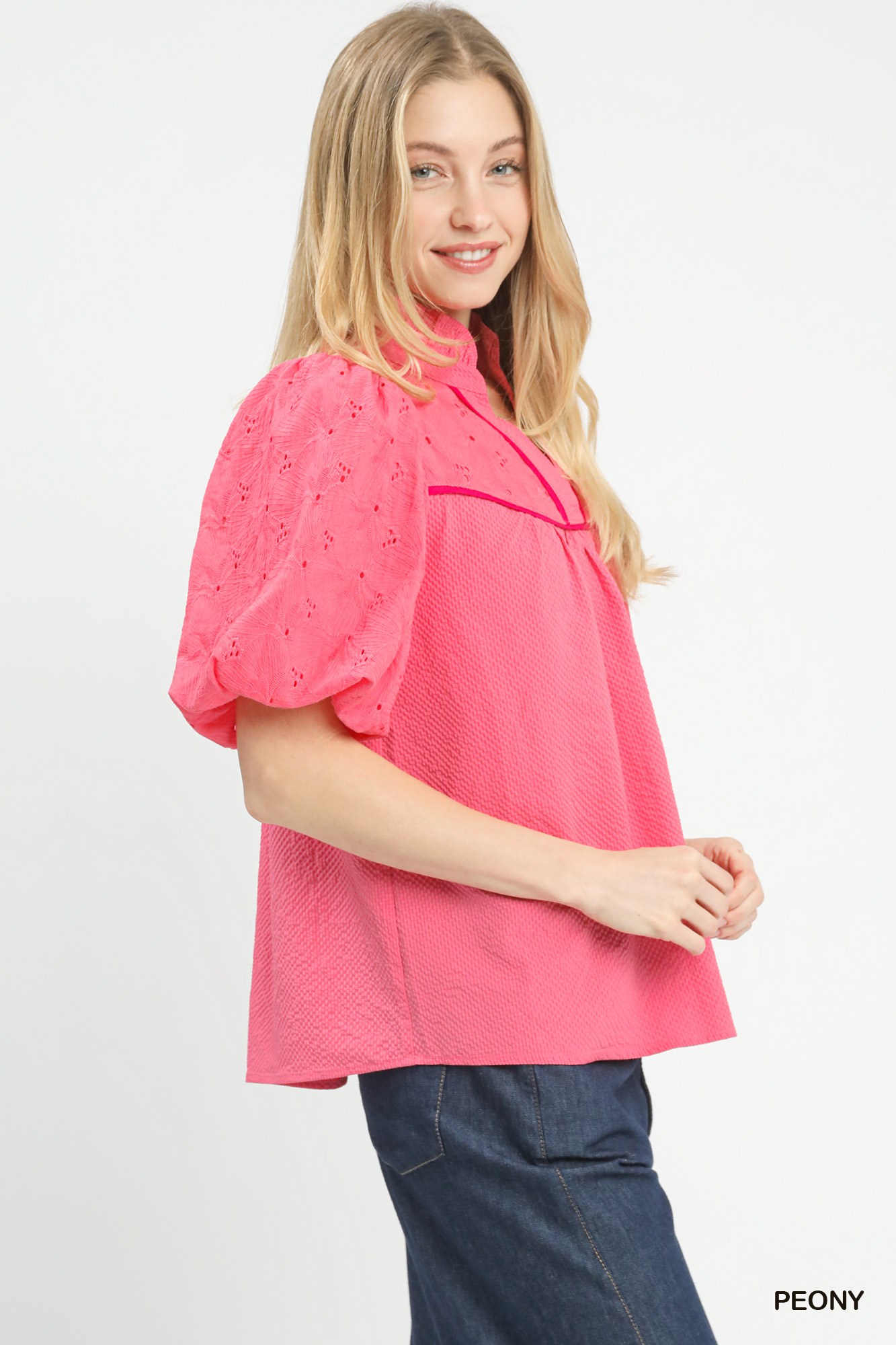 Puff Sleeve Eyelet Mix Top with Contrast Piping, image 4