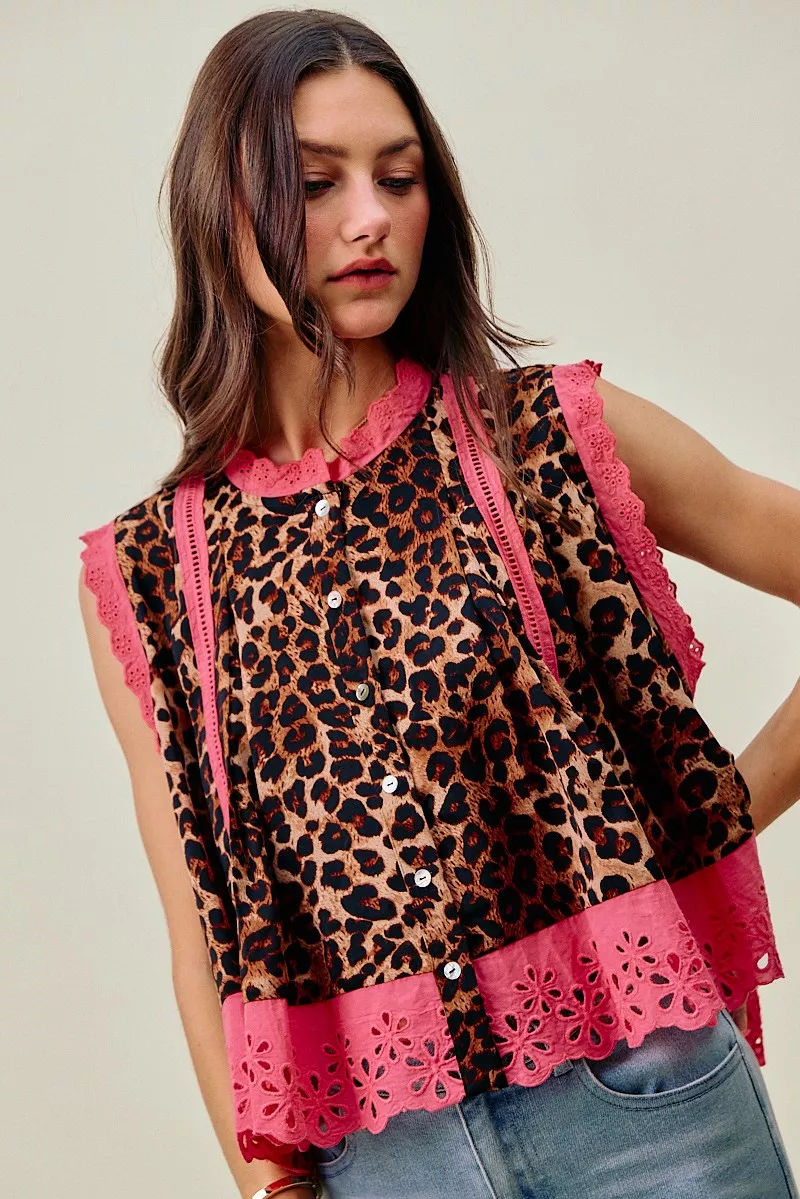 Leopard Button Up Pleated Sleeveless Blouse, image 5
