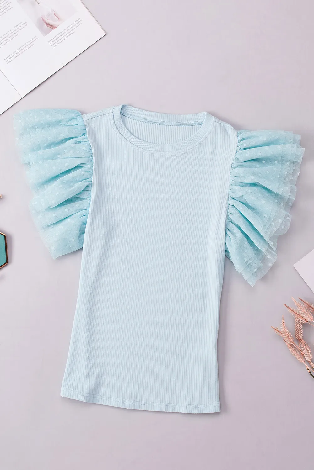 Ruffled Round Neck Cap Sleeve Top, image 8