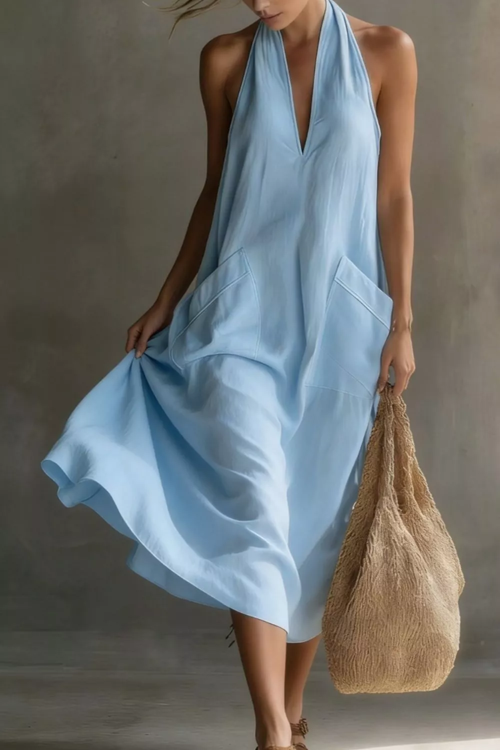 Casual Halter Neck Pocket Midi Dress, image 3