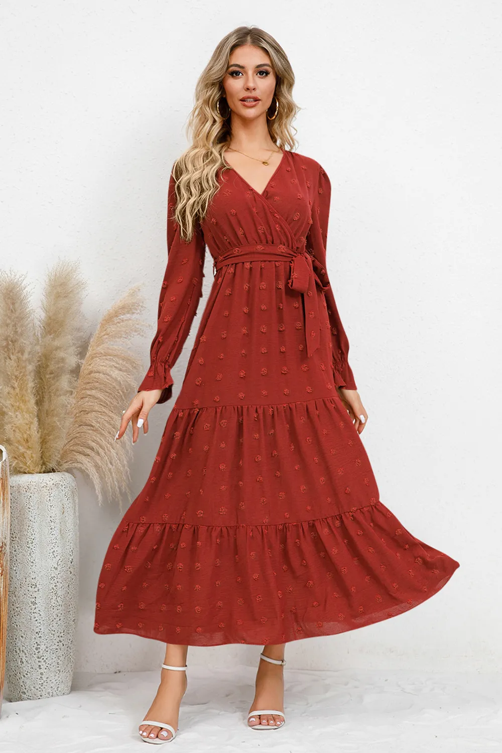 Swiss Dot Tied Surplice Flounce Sleeve Dress, image 10