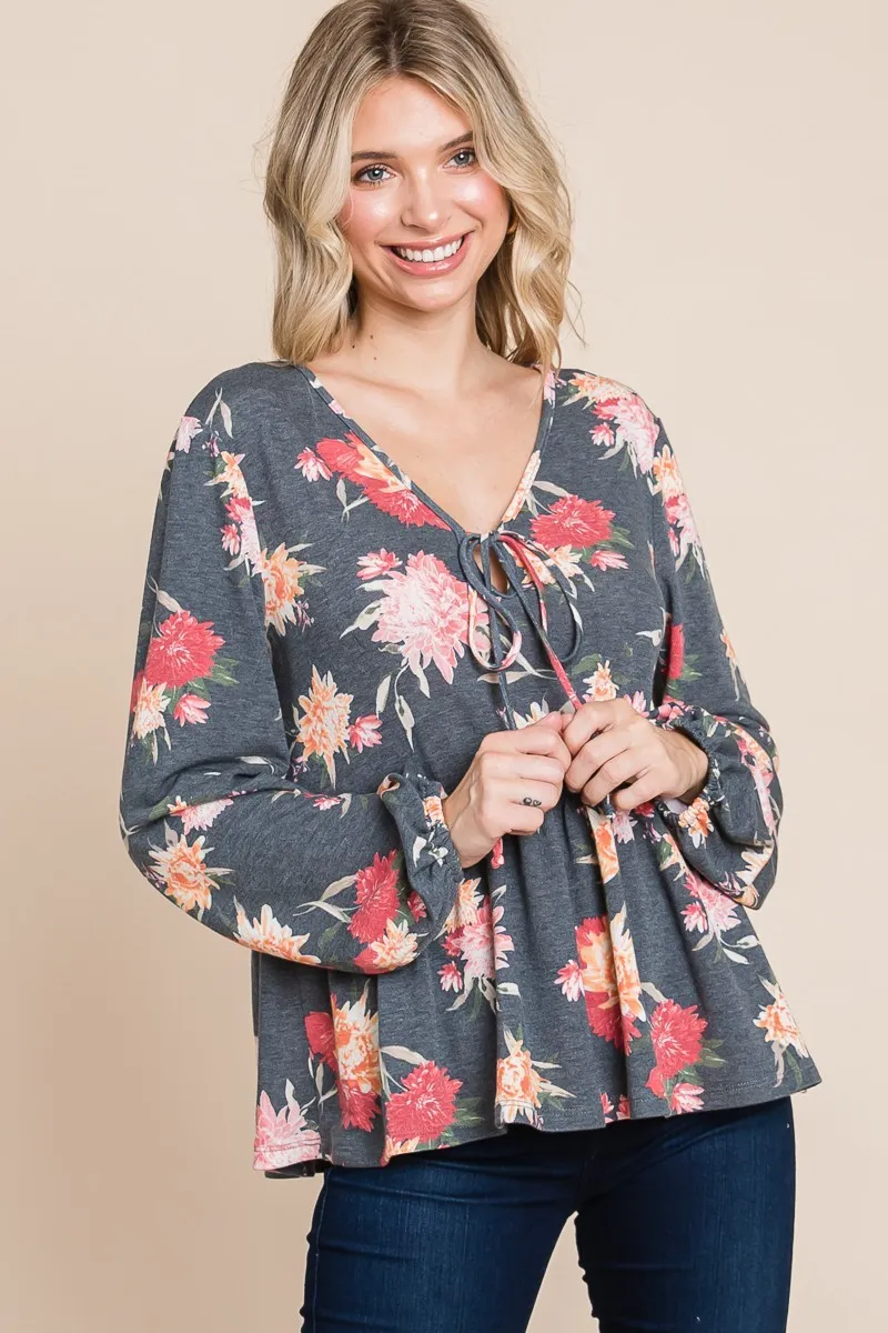 Full Size Babydoll Floral Long Sleeve Blouse