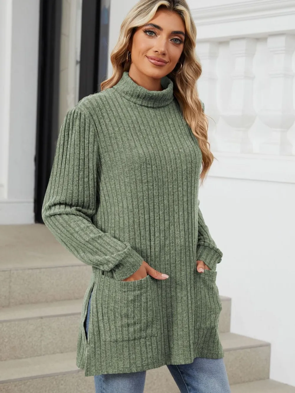 Slit Mock Neck Long Sleeve T-Shirt, image 6