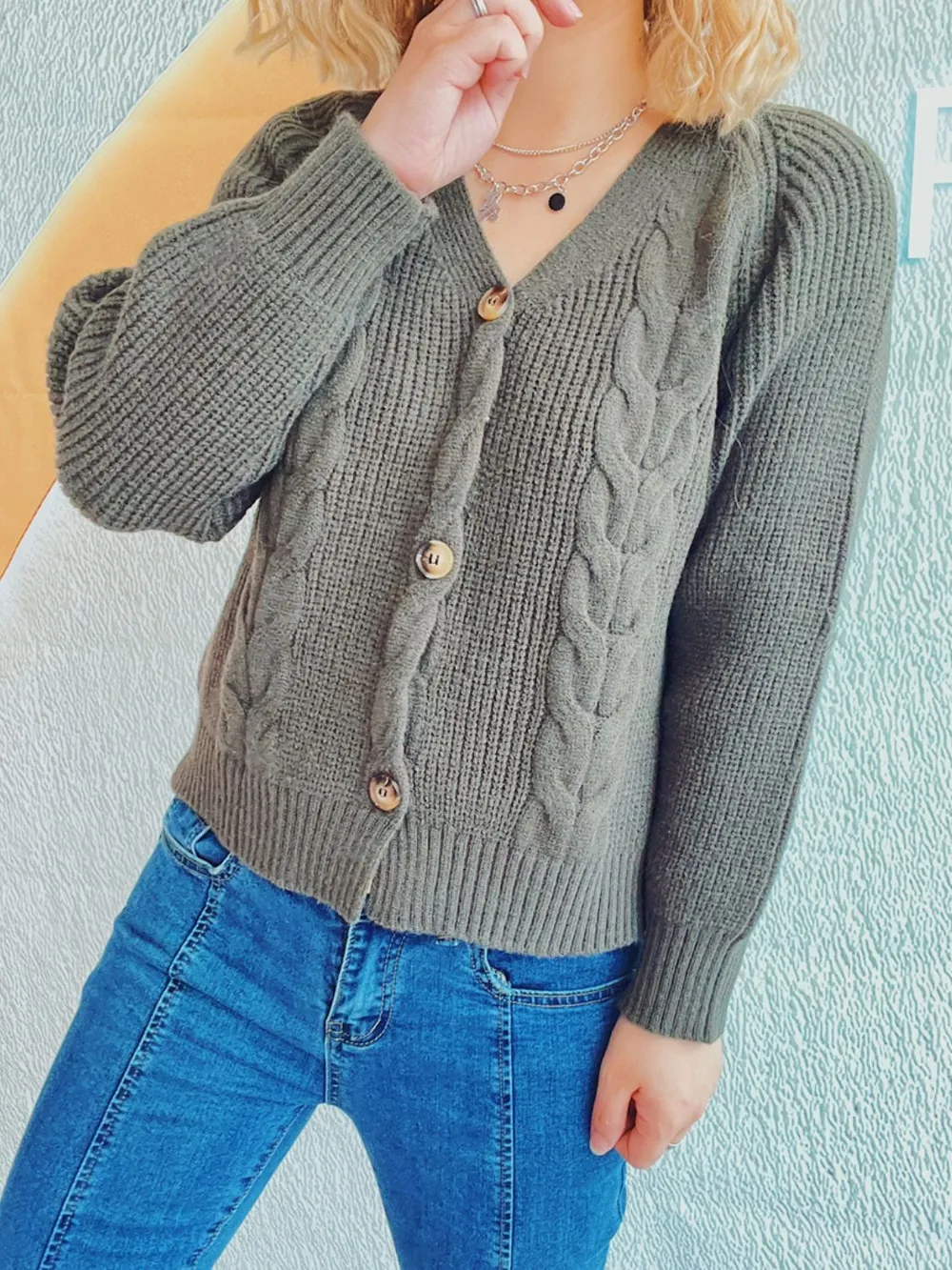 Cable-Knit V-Neck Button Down Long Sleeve Cardigan, image 11