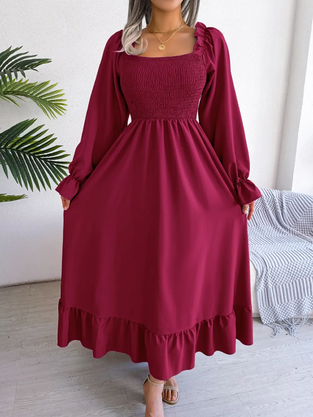 Smocked Square Neck Flounce Sleeve Dress, image 23