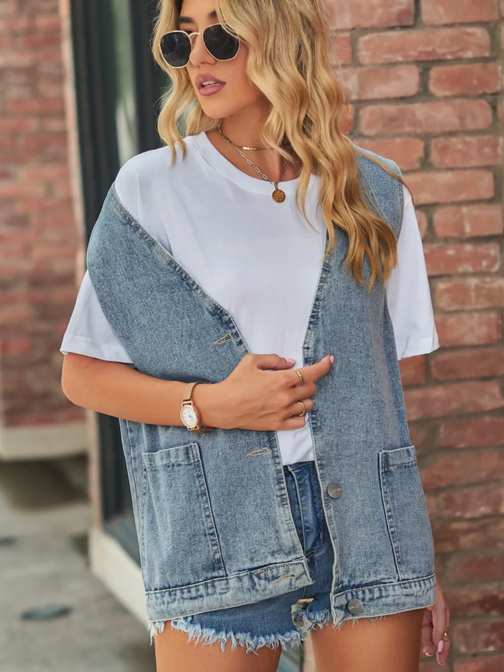Full Size V-Neck Button Up Denim Vest, image 10