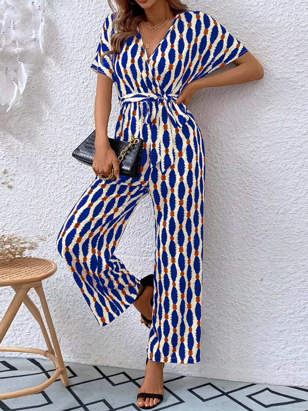 Printed Surplice Tie Waist Short Sleeve Jumpsuit, image 17