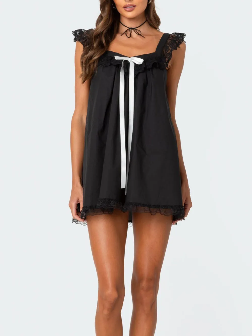 Lace Detail Bow Sleeveless Mini Cami Dress, image 2