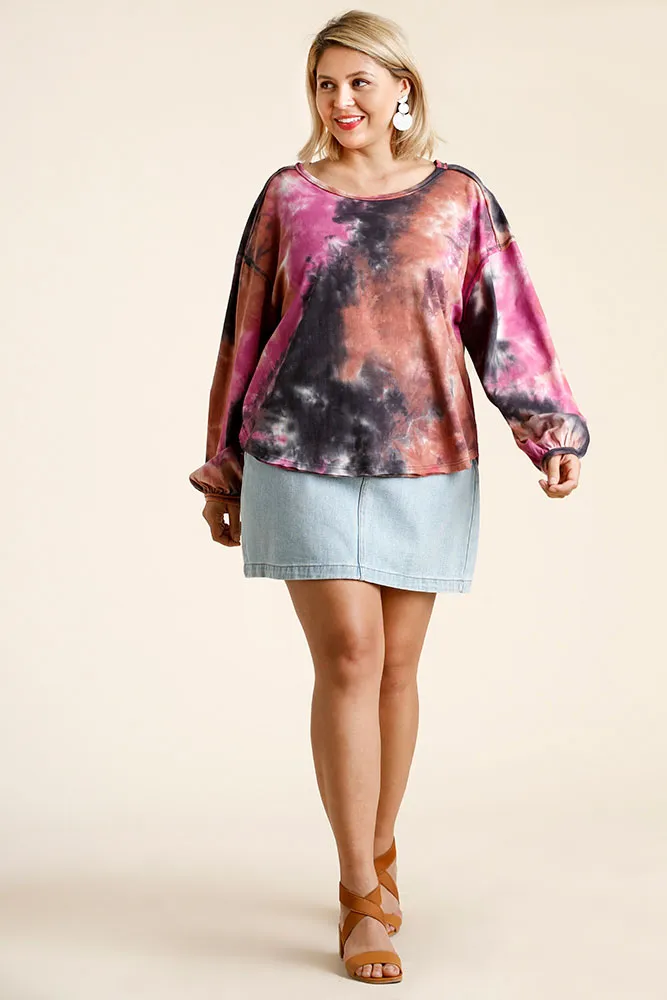 Full Size Tie Dye Round Neck Long Balloon Sleeve Top Plus Size, image 6