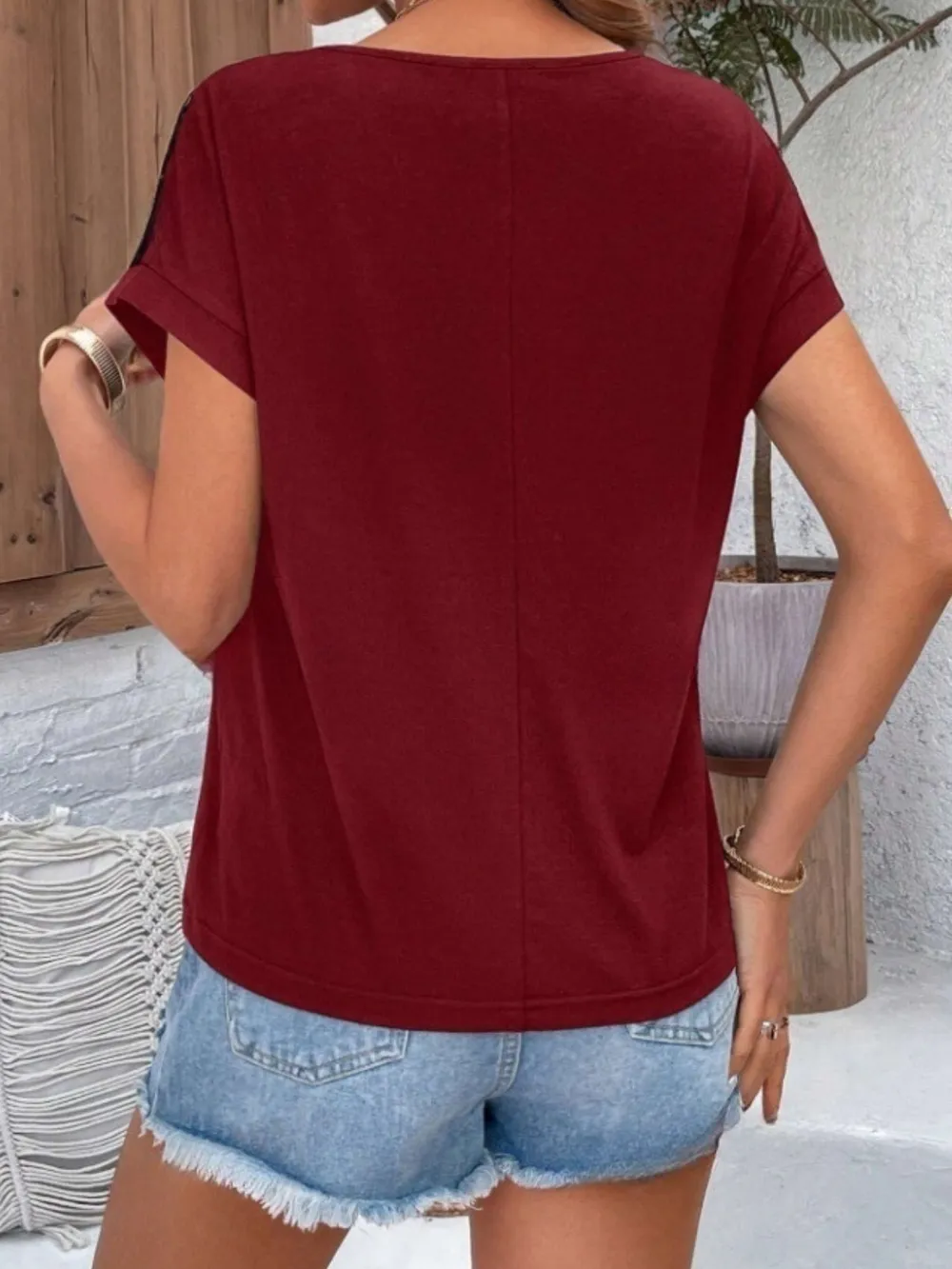 Contrast Lace Round Neck Short Sleeve Blouse, image 4