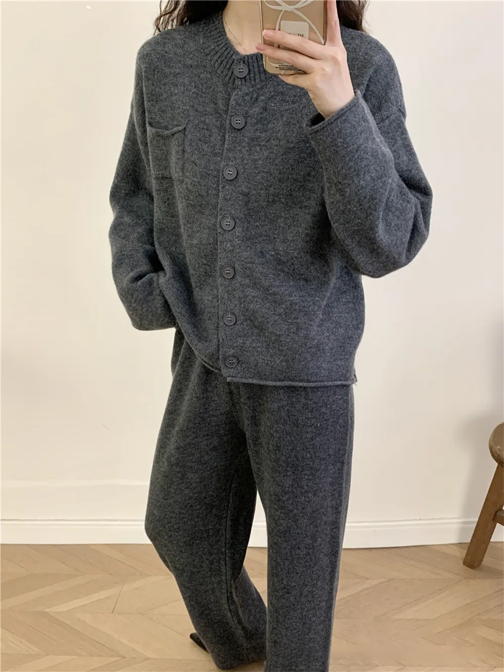 Pocketed Round Neck Button Up Cardigan and Pants Sweater Set, image 10