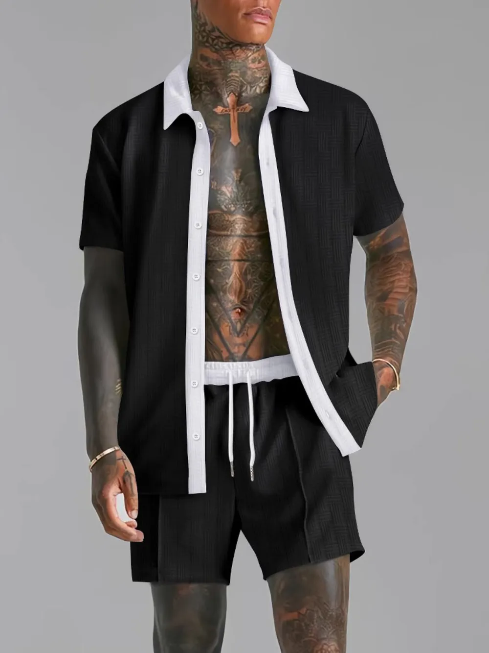 Men's Full Size Collared Neck Short Sleeve Top and Shorts Set Plus Size, image 5