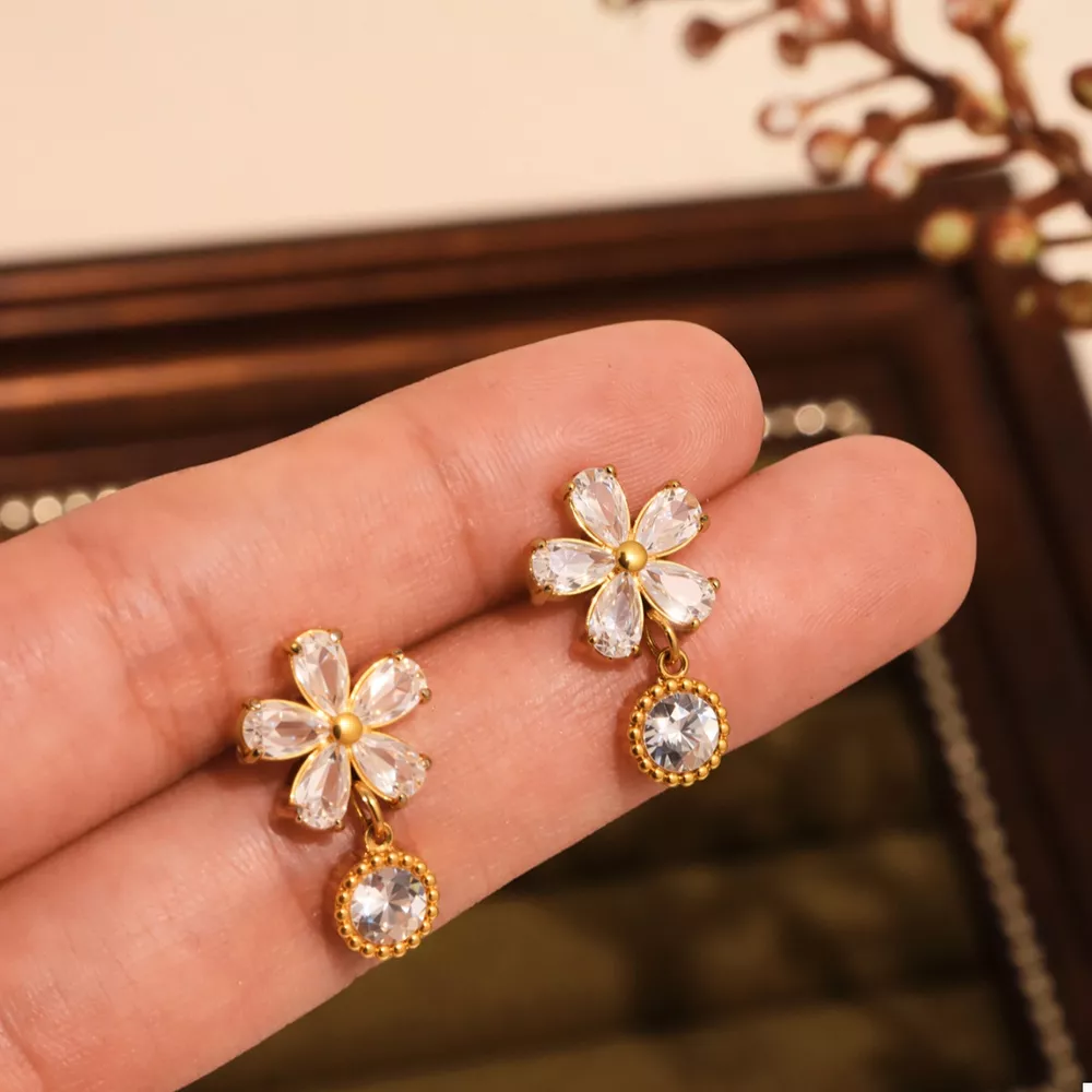 18K Gold-Plated Stainless Steel Zircon Flower Drop Earrings, image 3