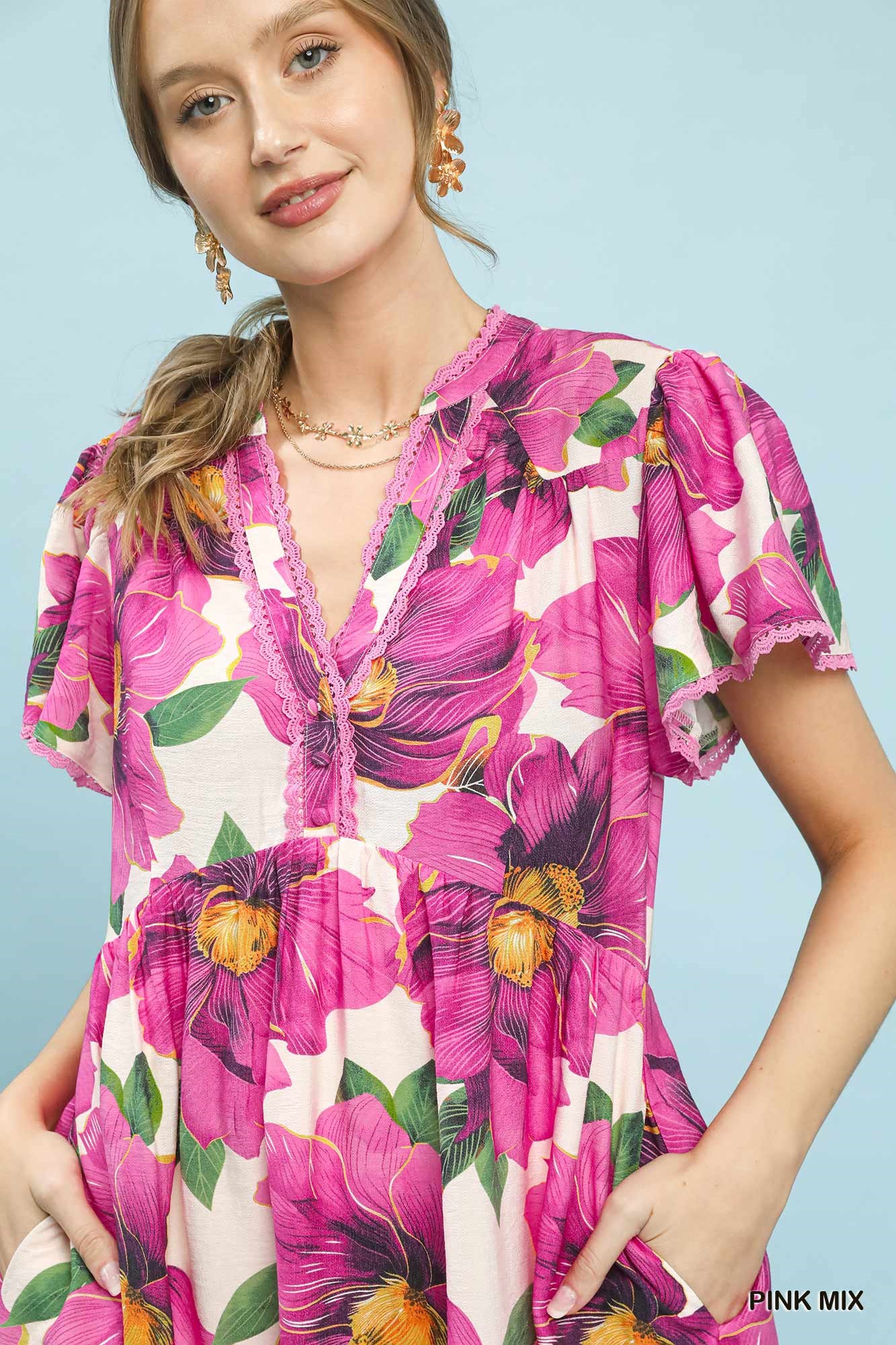 Tropical Floral V-Neck Flutter Sleeve Tiered Midi Dress, image 4